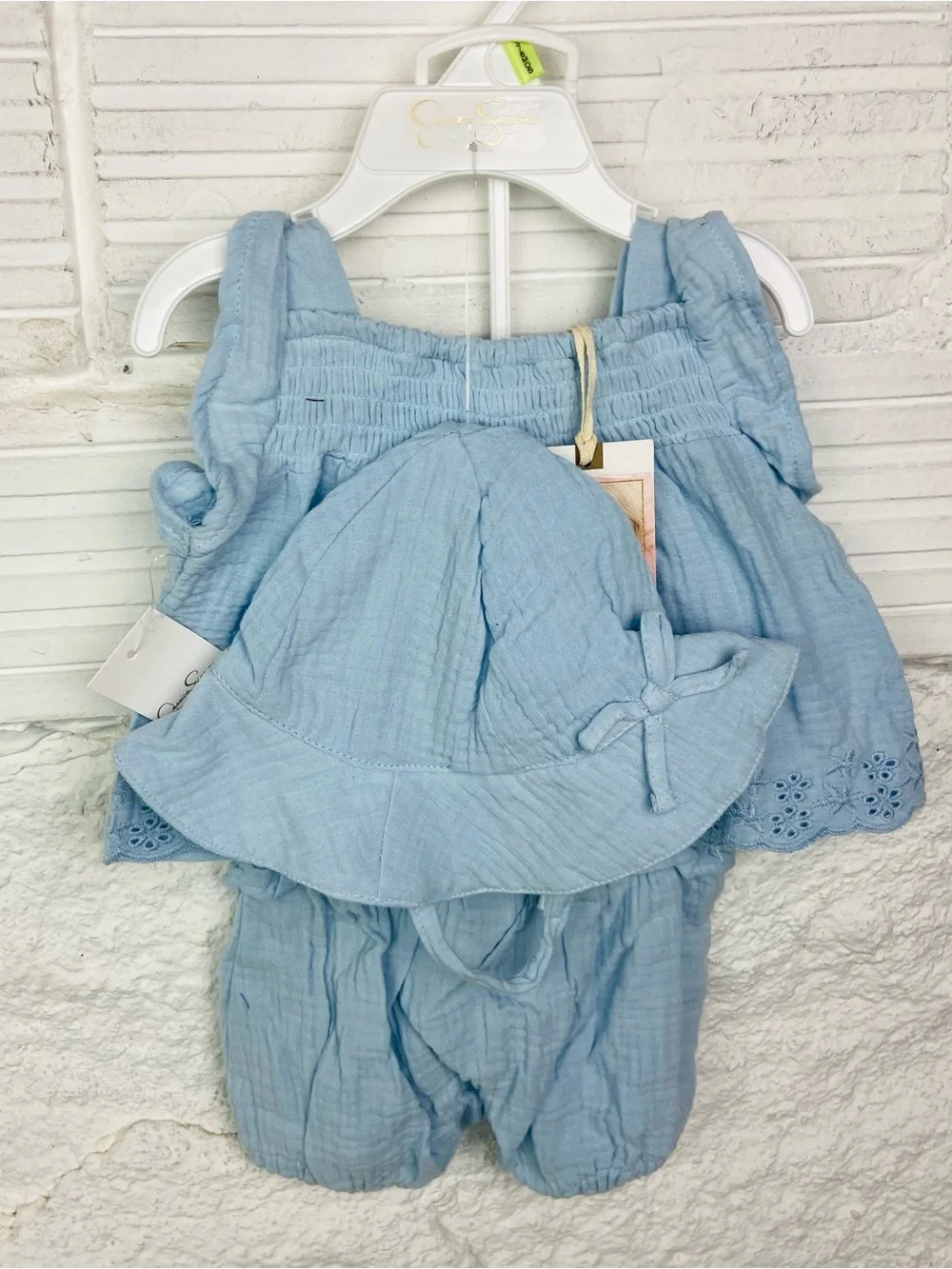 NWT Jessica Simpson Light Blue Cotton Gauze top & Bottoms Set with Matching Hat
